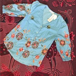 Ana & Rose Light Blue V-Neck Embroidered Blouse